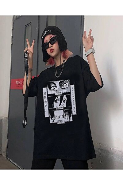 Le Savu Μπλουζάκι Unisex με μαύρο χρώμα Attack On Titan Eyes με τύπωμα oversized Le Savu