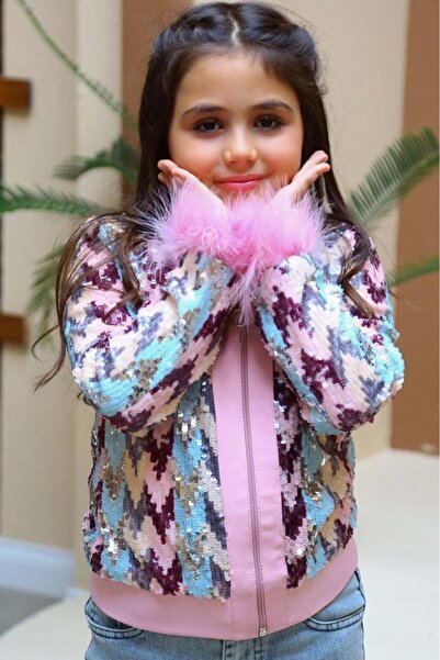 Riccotarz Girl's Sequin and Feather Detailed Jacket, Denim Trousers, Pink Bottoming Top Set