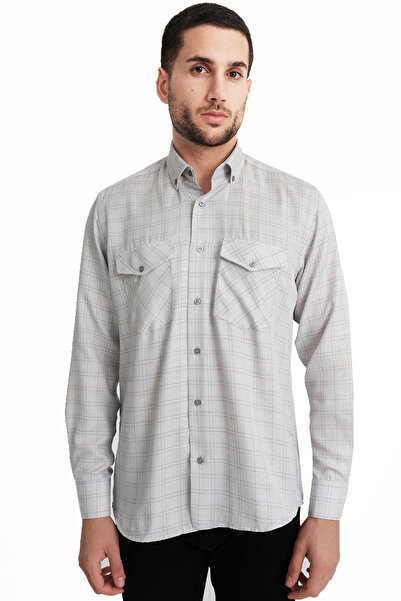 Varetta Men's Gray Covered Double Pocket Long Sleeve Checkered Linen Effect Shirt