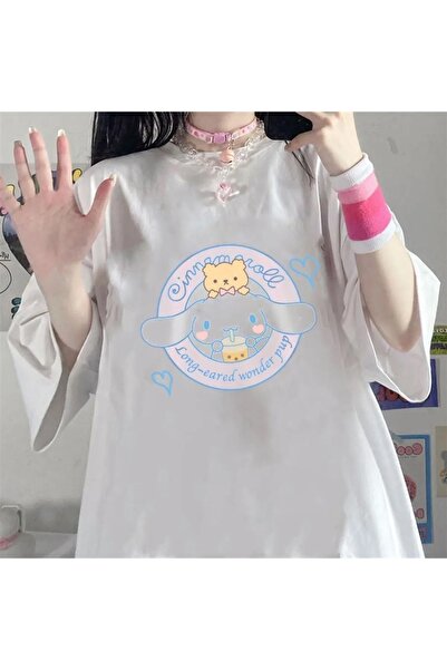 Le Savu Μπλουζάκι Cinnamoroll & Bear με τύπωμα σε λευκό χρώμα Unisex oversize...