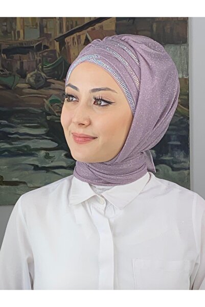 BUTİKAMBAR Lüks Topkapı Model Taşlı Simli Kısa Abiye Açık Lila Hazır Şal - Lila - BUTİK AMBAR