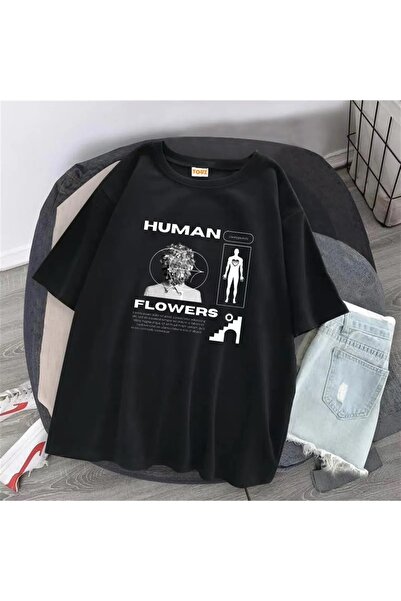 Le Savu Φορέστε τα μοντέρνα μπλουζάκια Human Flowers με τύπωμα σε μαύρο χρώμα Unisex oversized Le Savu