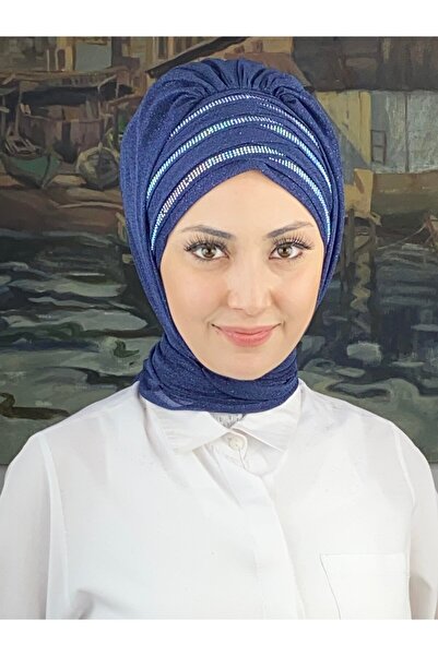 BUTİKAMBAR Lüks Topkapı Model Taşlı Simli Kısa Abiye Lacivert Hazır Şal - Lac...