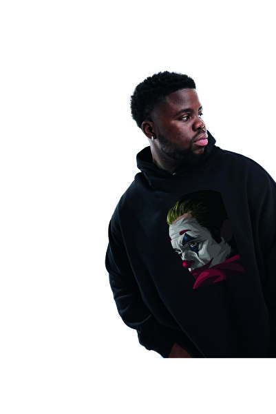 donamod Erkek Siyah Joker Film Tasarımlı Baskı Desenli Kapüşonlu Sweatshirt