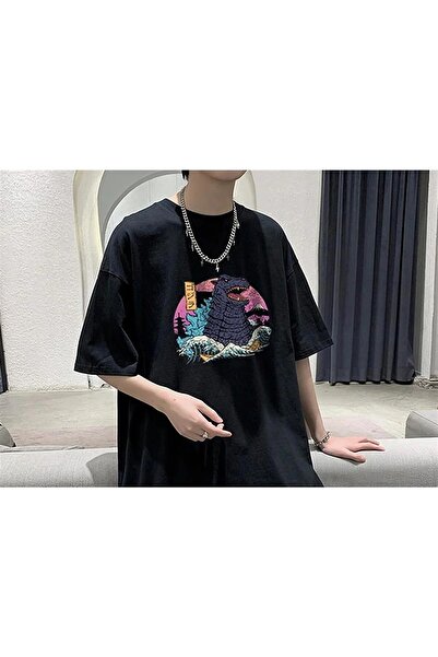 Le Savu Hokusai Godzilla Печатна черна унисекс тениска с голям размер Le Savu