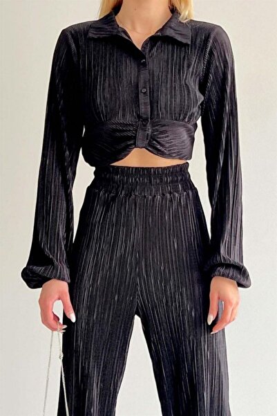 Genel Markalar Stella Kendinden Piliseli Pantolon Gömlek Takım Siyah