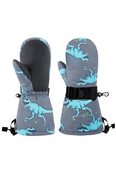 Petityu waterproof boy beret gloves set 2-4 years old skiing snowboarding beanie gloves gray blue Dino