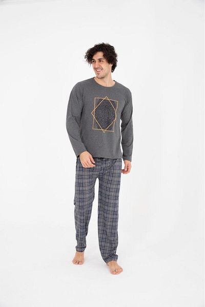 Leyal İç Giyim Men's Plaid Patterned Long Sleeve Crew Neck Pajama Set