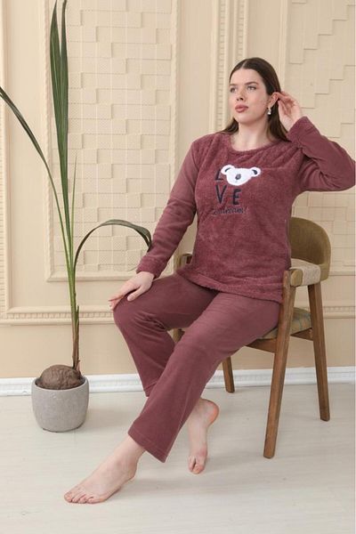 VariaMart Women's Winter Fleece Pajama Set Wellsoft Brown Love