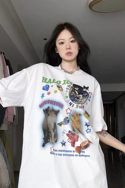 EFBUTİK White Unisex Halo Cat Collage T-shirt