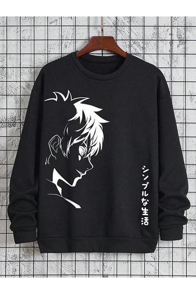 AEMİ Hanorac-hanorac unisex femei/bărbați negru Anime oversize cu gât crew din bumbac