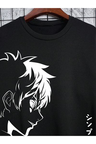 AEMİ Hanorac-hanorac unisex femei/bărbați negru Anime oversize cu gât crew din bumbac