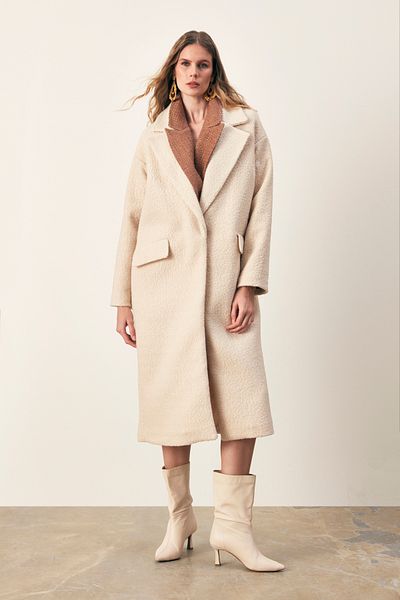 Sateen Long Boucle Coat - Beige