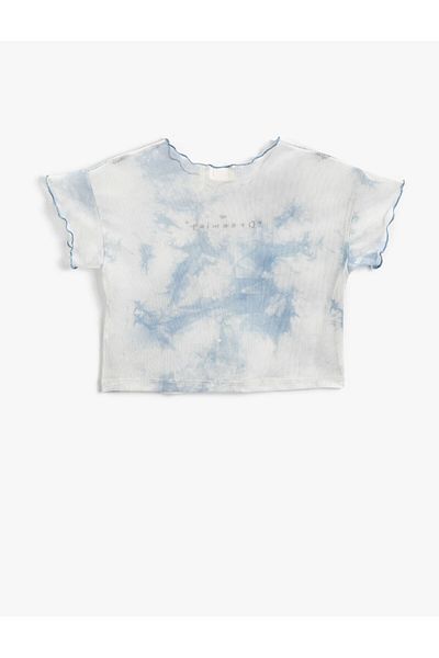 Koton Batik Patterned Crop T-Shirt Text Embroidered Cotton
