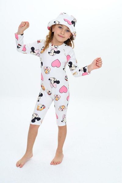 pistyle Girl's Pink Heart Minni Patterned Swimsuit with Hat