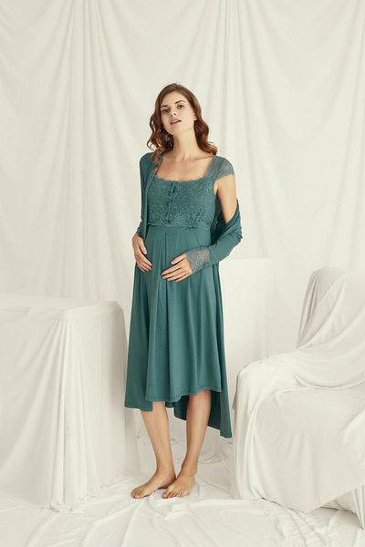 MONAMİSE Monamise Women's Lace Front Buttoned Maternity Dressing Gown Set 18534
