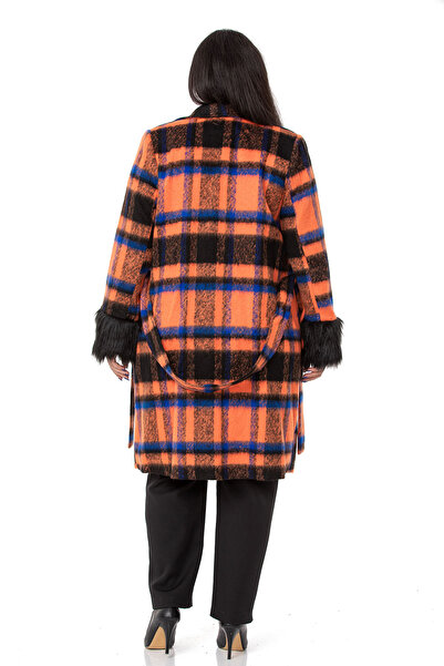 DISENTIS MODEST Plus Size Furry Sleeves Pockets Lined Orange Coat