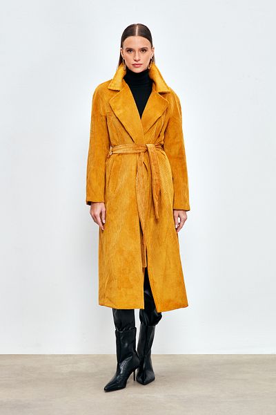 Sateen Trench lung din catifea - CAMEL