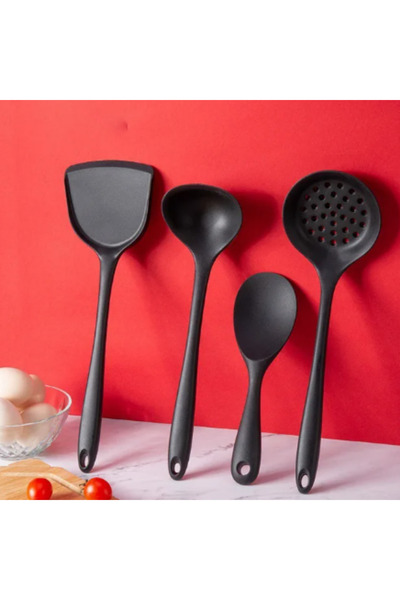 Multiamo Hard Tip Heat Resistant Silicone Colander Spatula Ladle Spoon Set 4 Pieces Black