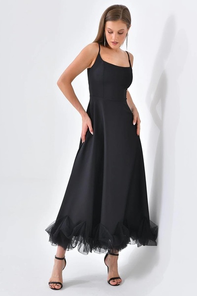 bayansepeti Kadın Pamuklu Atlas Kumaş Etekucu Tül Detaylı İnce Askılı Midi Boy Siyah Abiye Elbise 9326