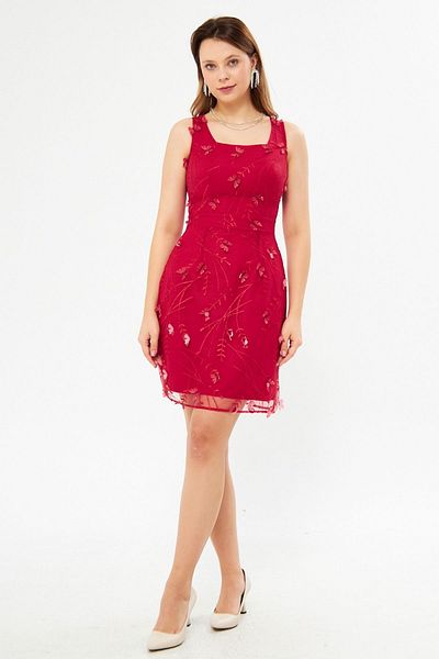 Bidoluelbise Red 3D Butterfly Lace Square Collar Sleeveless Mini Evening Dress