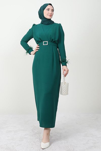 Giza Giyim Φόρεμα Hijab με λεπτομέρεια με πούπουλα Forest Green