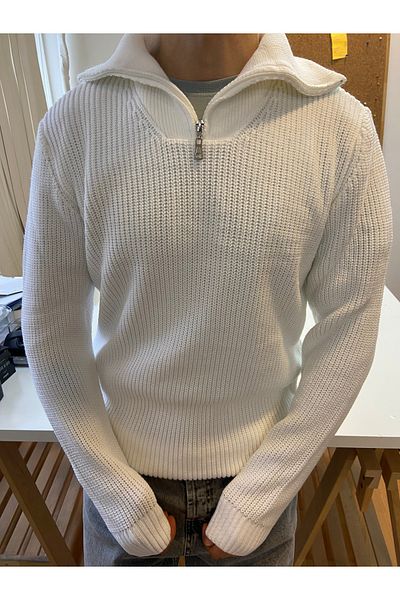 COOL TARZ White Men's Regular Zippered Fishing Knitwear Sweater