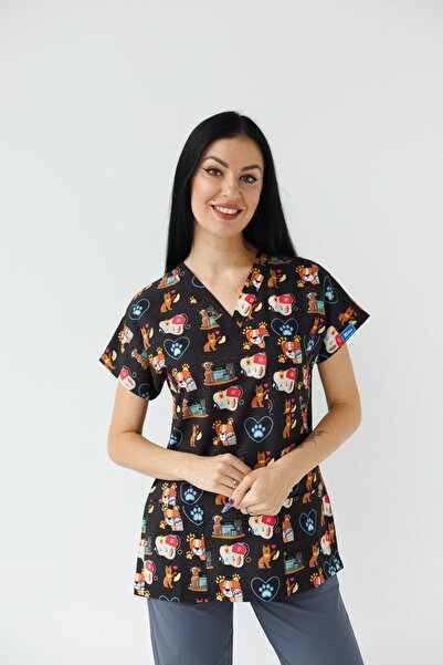Dr. Mitra Women's Lycra Bat Sleeve Nurse Doctor Suit Patterned Black