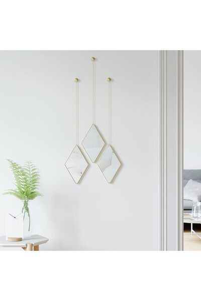 vitrayverteks Pirinç Elmas Dekor Duvar Aynası, 3'lü Set Ev Dekoru Altın Ayna,...