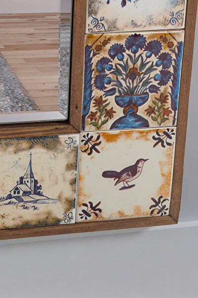 bluecape Selanik Etnik Çini Seramik Ceviz 60x148 cm Doğal Ağaç Çerçeveli Duvar Konsol Boy Aynası