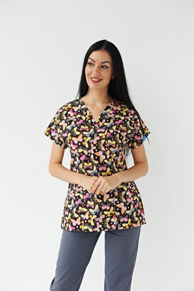 Dr. Mitra بدلة طبيب ممرضة بأكمام خفاش من الليكرا للسيدات بنمط فراشة سوداء