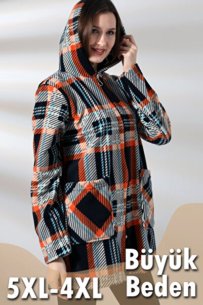 Buklemoda Fermuarlı Büyük Beden Ekose Desen Polar Sweatshirt