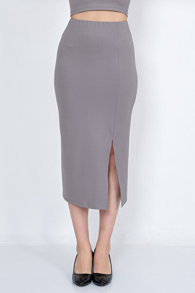 WAYS Kadın Gri Yırtmaç Detaylı Fitilli Uzun Midi Boy Dar Kalem Etek