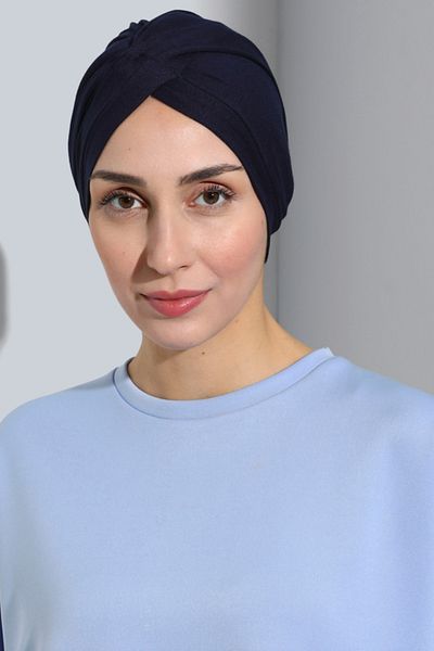 Vera Aura Ready Turban Bonnet Χτενισμένο Navy Blue Bonnet Cross Banded γυναικείο καπό Hijab