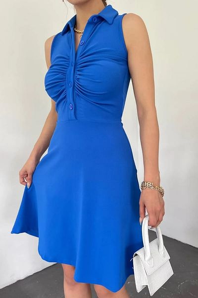 bayansepeti Rochie de seară albastră fără mâneci, cu guler de cămașă, design otoman, țesătură elastică 5060