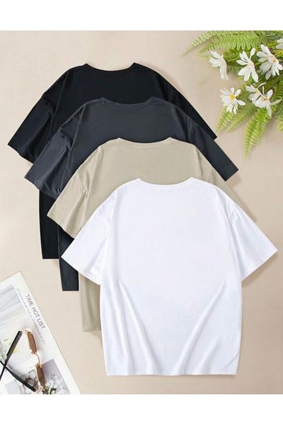 BYMEER Μαύρο Καπνιστό Μπεζ Λευκό Σετ 4 Μπλουζάκι Oversize