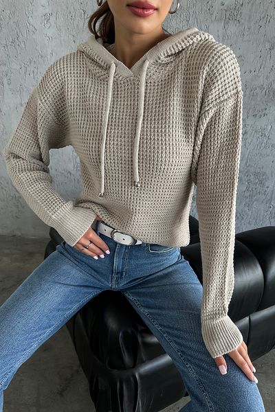 nosia fashion Дамски плетен пуловер с качулка и дълъг ръкав