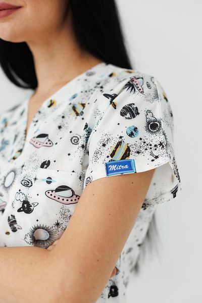 Dr. Mitra Women's Lycra Bat Sleeve Nurse Doctor Planet Patterned Single Top Jersey
