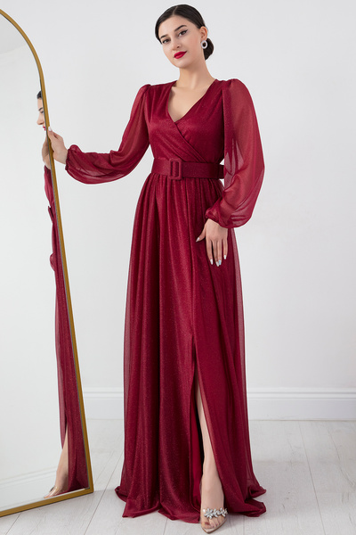 PULLIMM Double Breasted Collar Long Sleeve Glitter Dress with Belt 13369