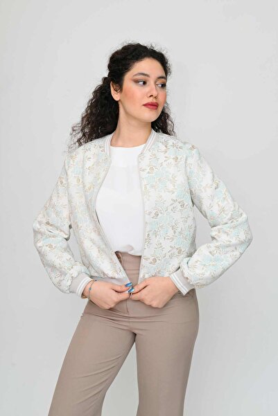 DEFİLE LUX Simli Fermuarlı Jakar Bomber Ceket Mint Bej - Pilot Serisi