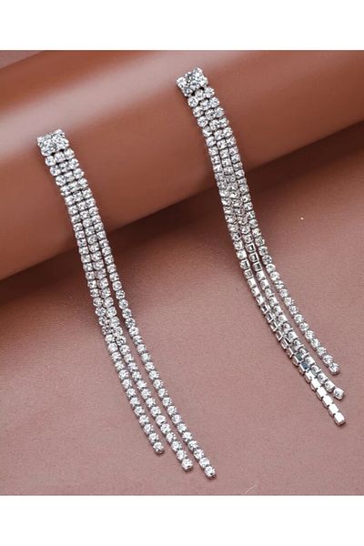 Etique Women's Silver Color 3 Row Stone Dangle Waterway Earrings