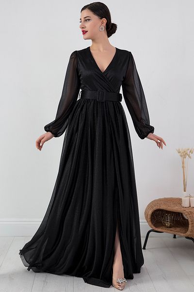 PULLIMM Double Breasted Collar Long Sleeve Glitter Dress with Belt 13369