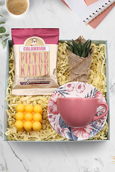 Trendmiya Pembe Fincan & Colombian Filtre Kahve & Sukulent Çiçek & Turuncu Bu...