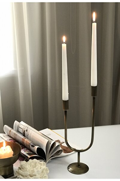 Shura Homeware 2 Kollu Metal Şamdan & Mumluk Dekoratif Eskitme Pirinç Şamdan