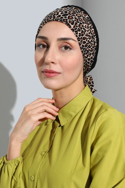 Vera Καπάκι κολύμβησης Arya Ready Turban Χτενισμένο βαμβακερό λεοπάρ μαύρο χιτζάμπ Καπάκι κολύμβησης με δέσιμο λεοπάρ λουράκι