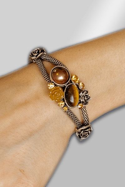Tesbih Atölyesi Certified Fox Tail Model Tiger Eye - Pearl Stone Bracelet - Adjustable