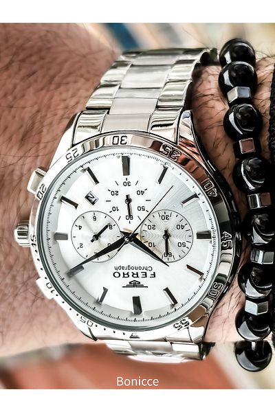FERRO New Collection Functions Active Silver Color, White Dial, Men's Wristwatch Bracelet