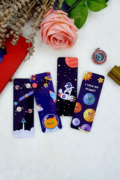 Burak Baskı Tasarım Uzay Gezegenler Astronot Temalı Kitap Ayracı (4 LÜ SET) O...