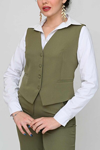 DEFİLE LUX Short Buttoned Vest Sitting on the Body Khaki - Color Series
