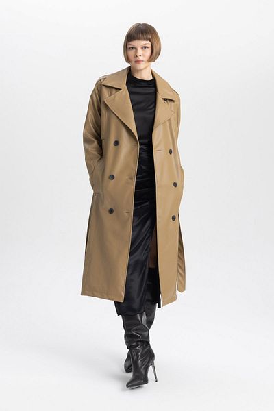 DeFacto Wasserabweisender Trenchcoat aus Kunstleder – zweireihiger Kragen, Knopfverschluss, Gürteltasche A7960ax24sp